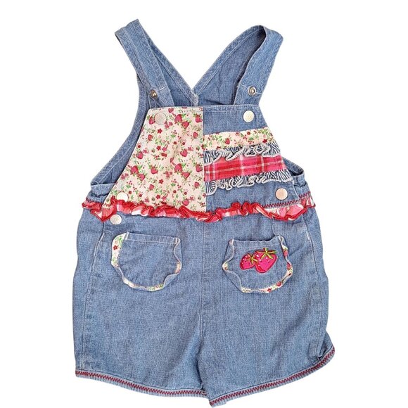 Vinyage Faded Glory Infant 18M Denim Short Bib Overalls Strawberry Embroidery - Picture 1 of 8